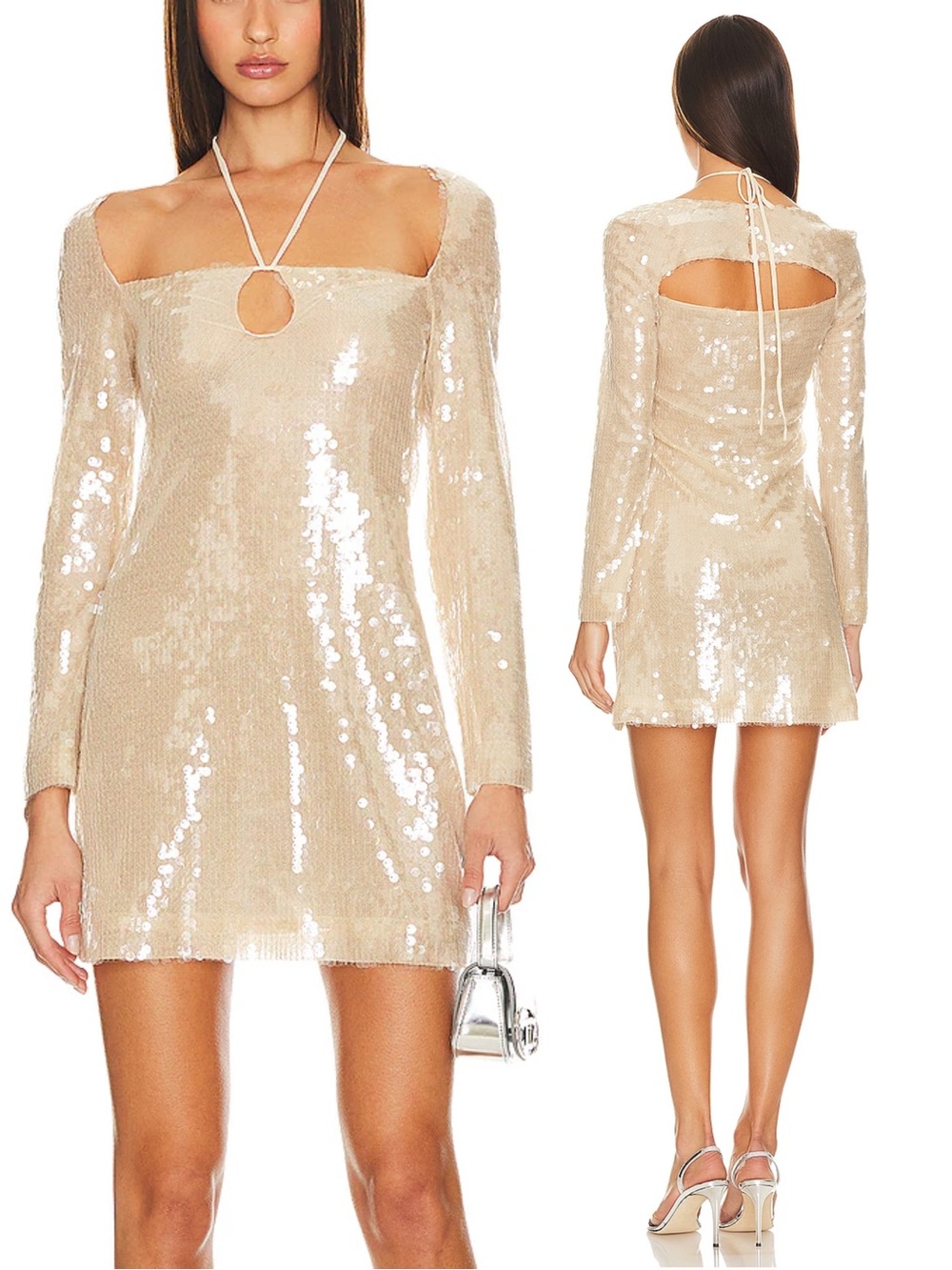 Kim Shui Sequin Pailette Mini Dress Champagne Halter Keyhole Cutout NWT Medium